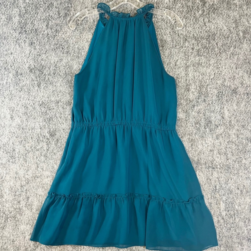 LIKELY Mini Dress Womens 4 Teal Halter V-Neck Ruffle Boho Chic Chiffon Cocktail - Picture 6 of 10
